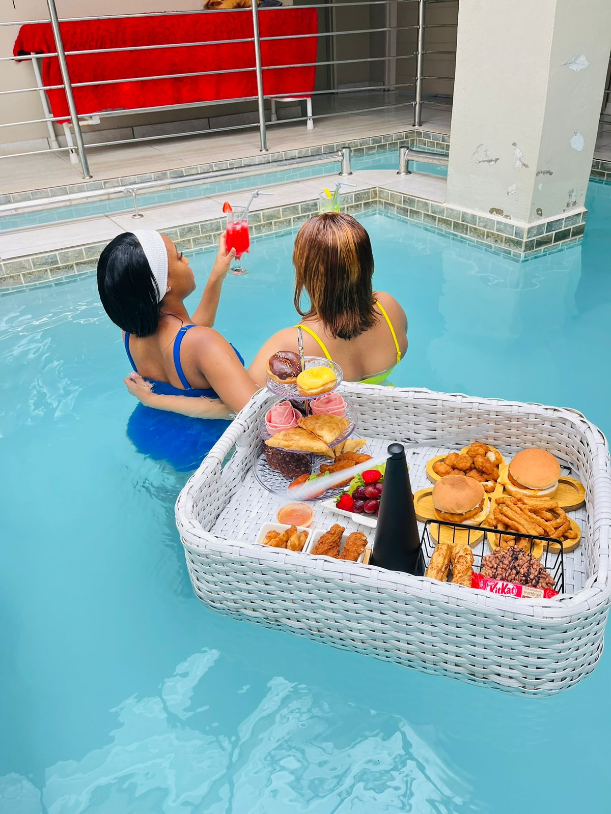 Floating snack basket served in the pool.